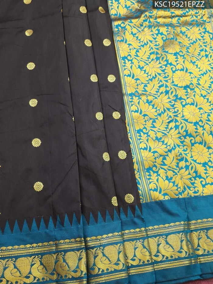 Black Coloured Blended Soft Silk Saree with Floral Motifs and Peacock Zari Border - Image 1
