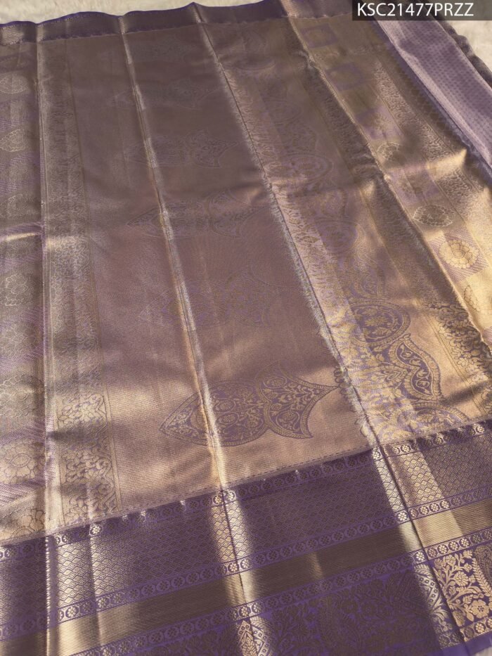 Lavender Coloured Tissue Silk Saree with Floral Brocade and Rich Zari Border - Image 3