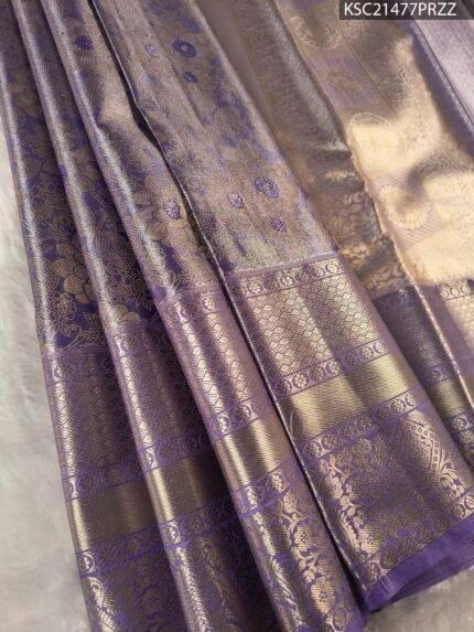Lavender Coloured Tissue Silk Saree with Floral Brocade and Rich Zari Border
