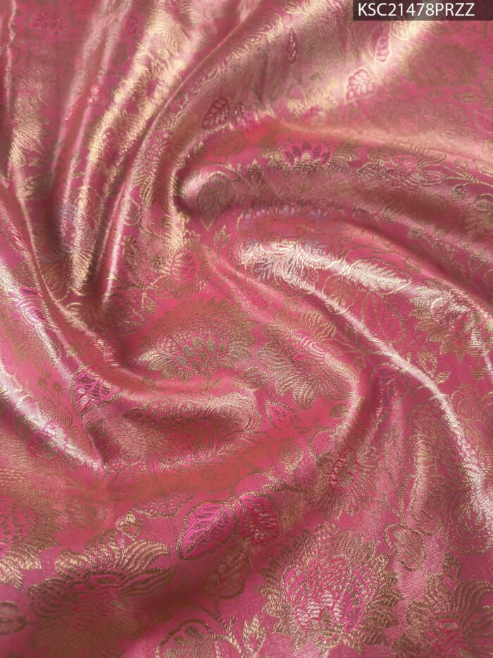 Pink and Gold Tissue Saree with Floral Motifs and Rich Zari Border - Image 2
