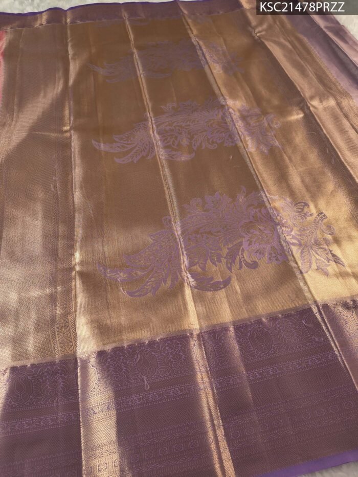 Pink and Gold Tissue Saree with Floral Motifs and Rich Zari Border - Image 3