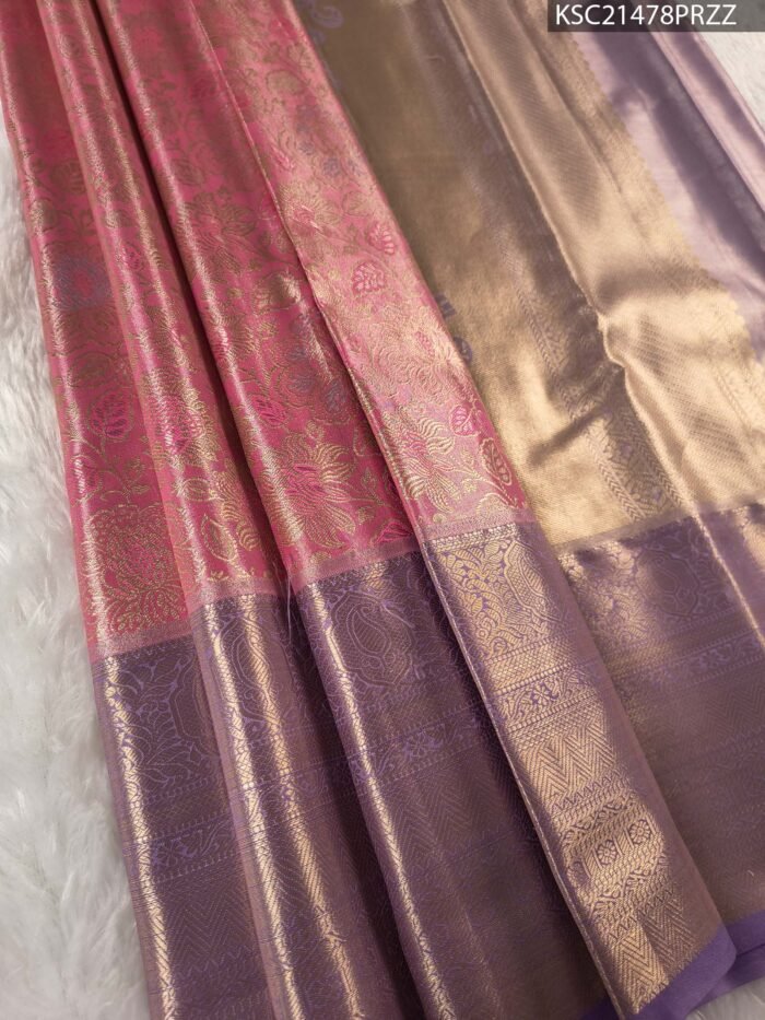 Pink and Gold Tissue Saree with Floral Motifs and Rich Zari Border - Image 1
