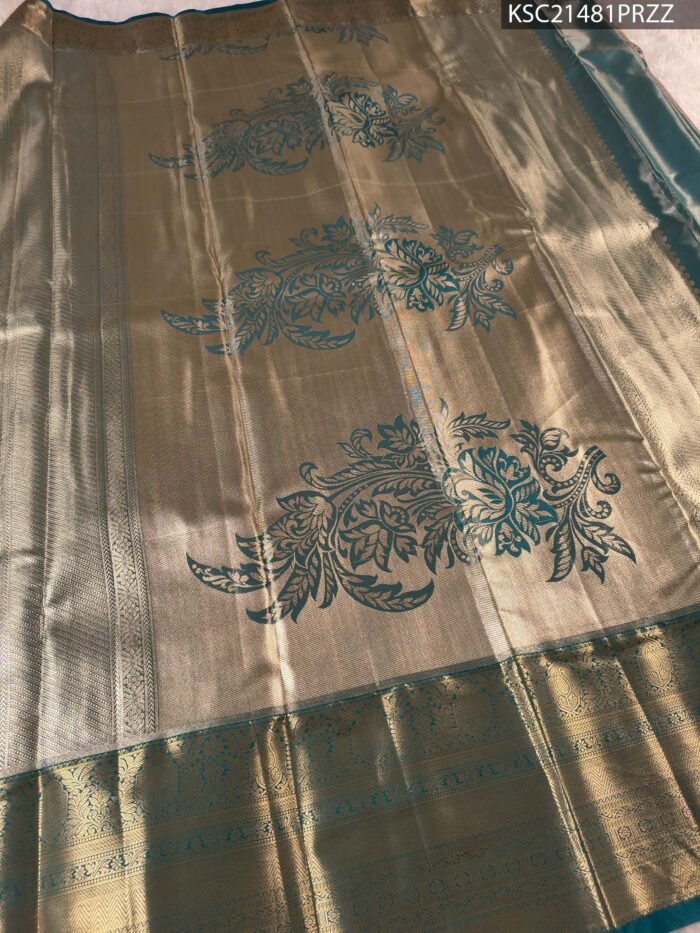 Peach and Gold Tissue Saree with Paisley Motifs and Rich Zari Border - Image 3