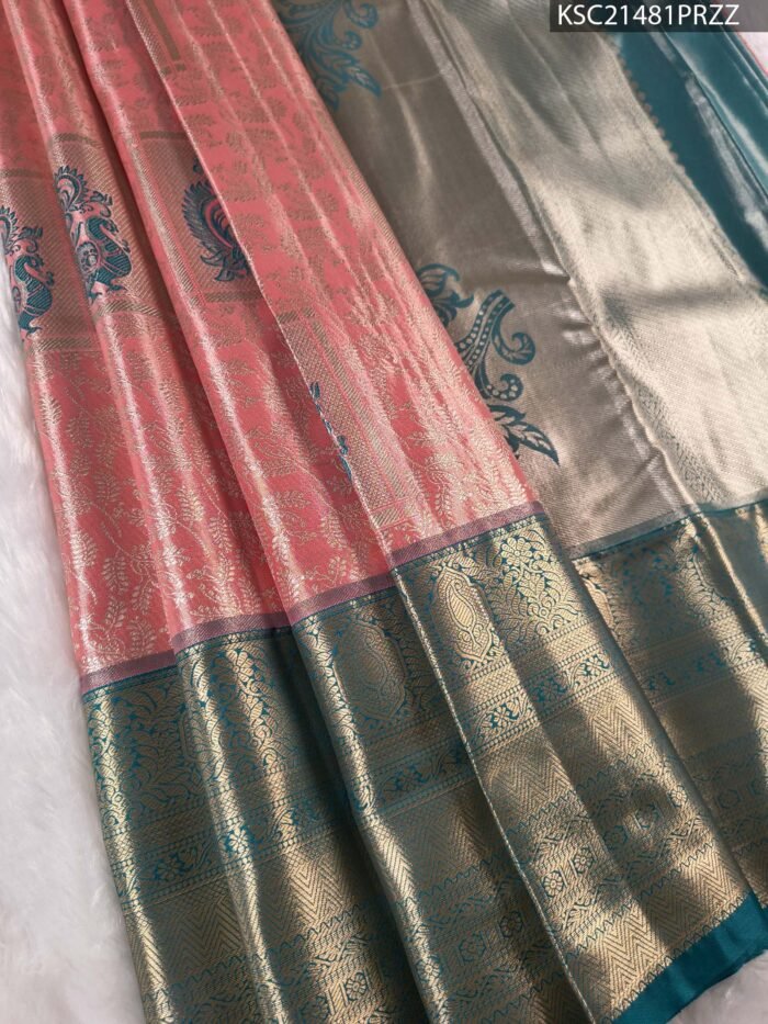 Peach and Gold Tissue Saree with Paisley Motifs and Rich Zari Border - Image 1