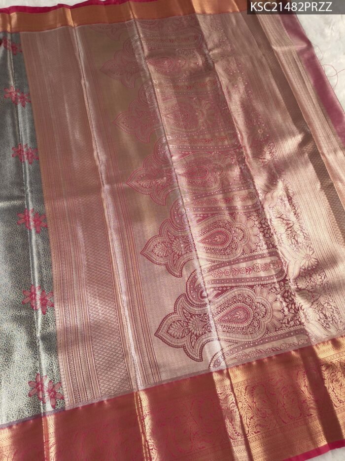 Silver Coloured Tissue Saree with Floral Motifs and Rich Zari Pallu - Image 3