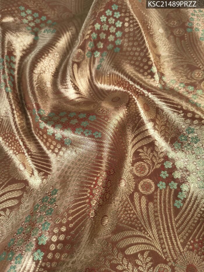 Peach and Aqua Coloured Tissue Saree with Intricate Brocade and Zari Woven Border - Image 2