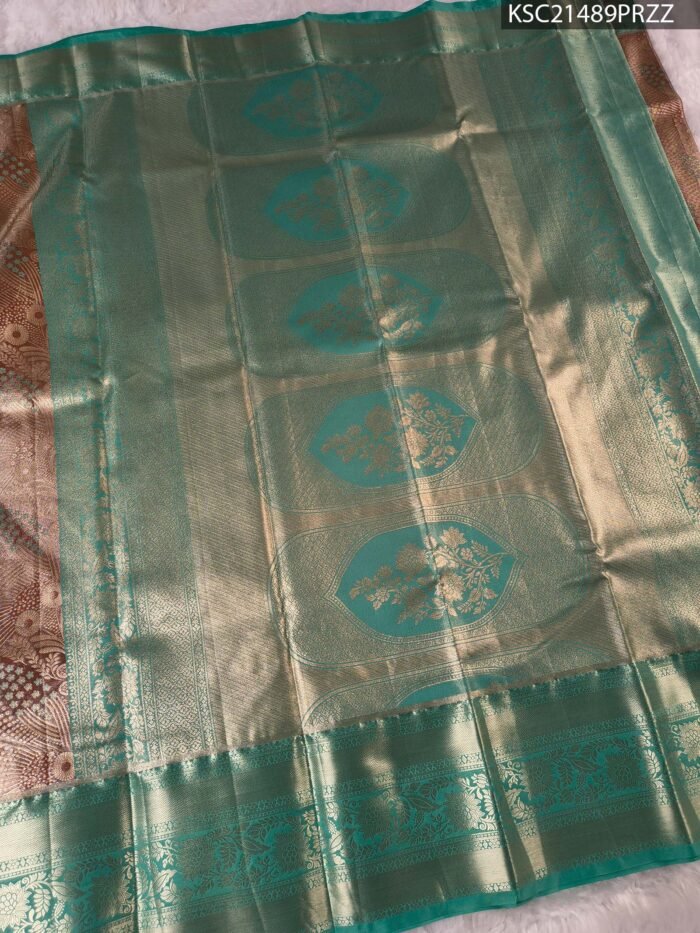 Peach and Aqua Coloured Tissue Saree with Intricate Brocade and Zari Woven Border - Image 3