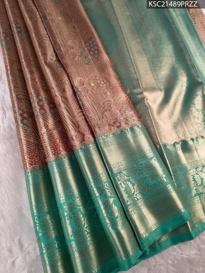 Peach and Aqua Coloured Tissue Saree with Intricate Brocade and Zari Woven Border - Image 1