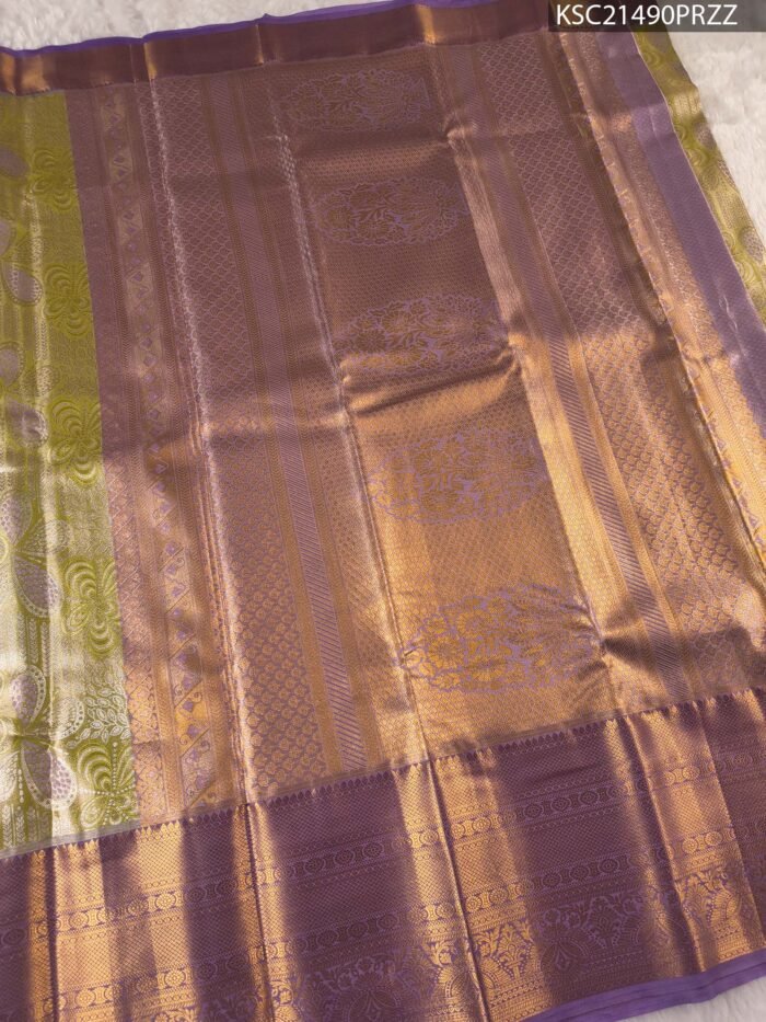 Olive and Lavender Tissue Saree with Intricate Paisley Motifs and Regal Zari Pallu - Image 3