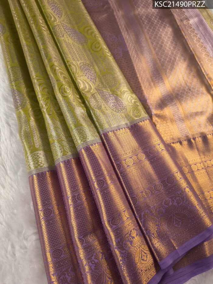 Olive and Lavender Tissue Saree with Intricate Paisley Motifs and Regal Zari Pallu - Image 1