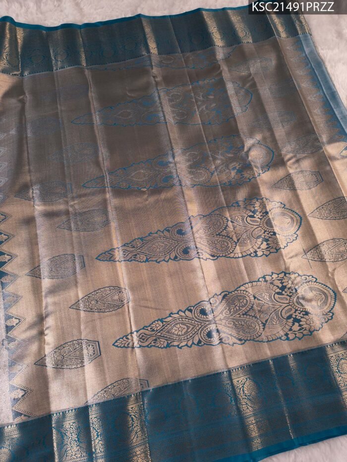 Silver and Teal Tissue Saree with Floral Motifs and Rich Zari Border - Image 3
