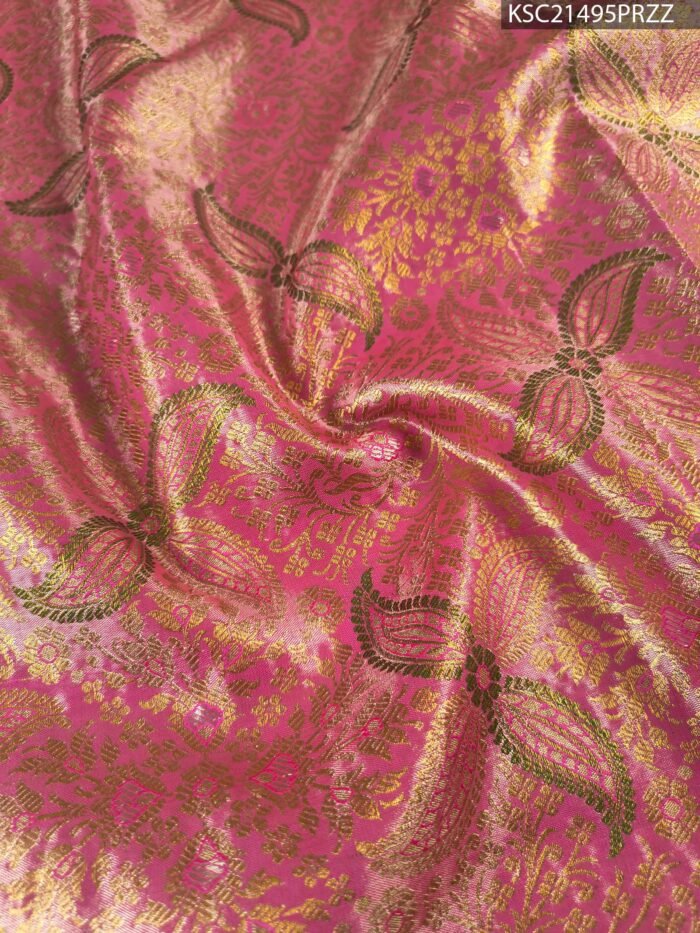 Pink and Green Tissue Saree with Floral Motifs and Rich Zari Border - Image 2