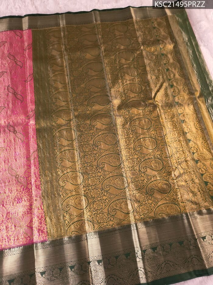 Pink and Green Tissue Saree with Floral Motifs and Rich Zari Border - Image 3