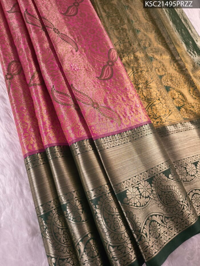 Pink and Green Tissue Saree with Floral Motifs and Rich Zari Border - Image 1