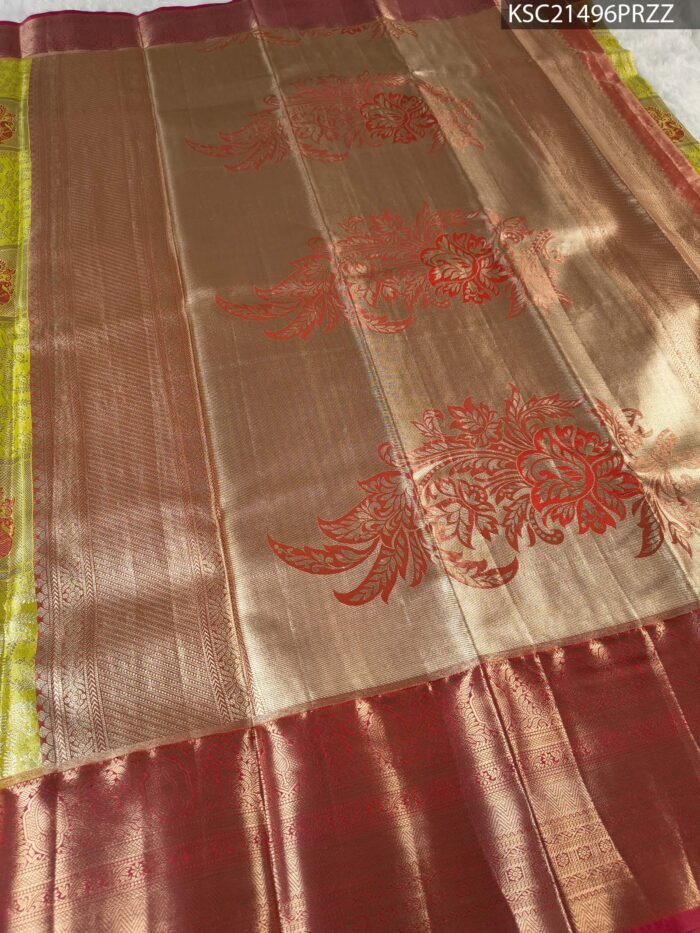 Lime Green and Gold Tissue Saree with Intricate Paisley Motifs and Rich Zari Border - Image 3