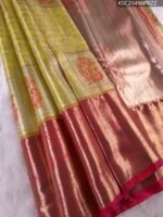 Lime Green and Gold Tissue Saree with Intricate Paisley Motifs and Rich Zari Border