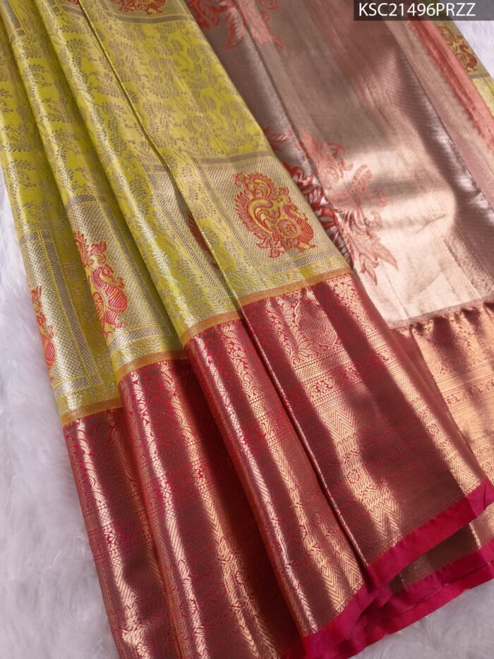 Lime Green and Gold Tissue Saree with Intricate Paisley Motifs and Rich Zari Border - Image 1