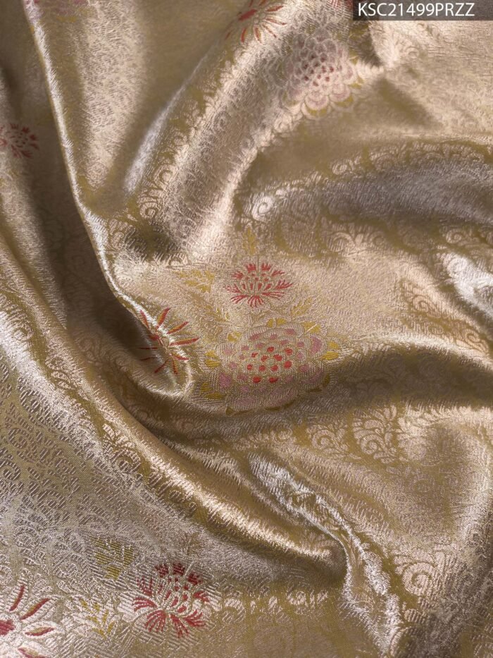Gold and Rose Tissue Saree with Floral Zari Motifs and Rich Brocade Border - Image 2