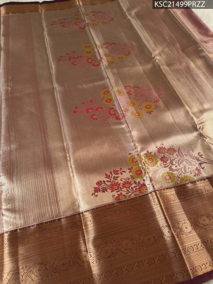 Gold and Rose Tissue Saree with Floral Zari Motifs and Rich Brocade Border - Image 3