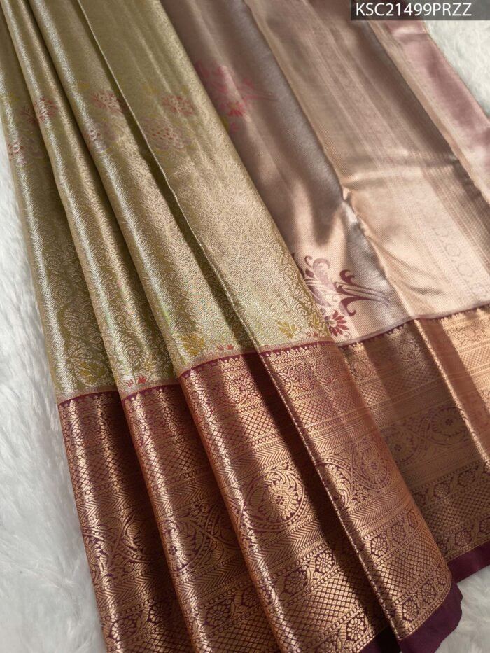 Gold and Rose Tissue Saree with Floral Zari Motifs and Rich Brocade Border - Image 1