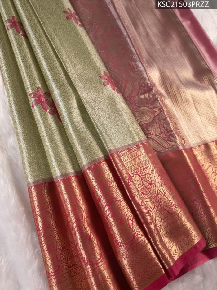 Pastel Green Tissue Saree with Floral Motifs and Rich Zari Woven Border - Image 1