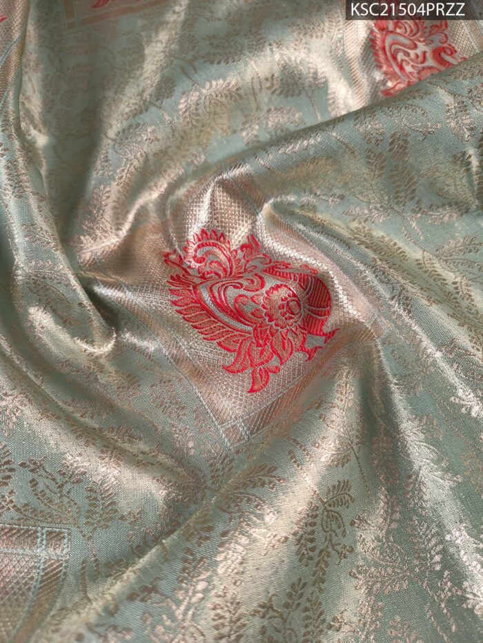 Sage Green and Gold Tissue Saree with Floral Motifs and Rich Zari Border - Image 2