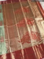 Sage Green and Gold Tissue Saree with Floral Motifs and Rich Zari Border - Image 3