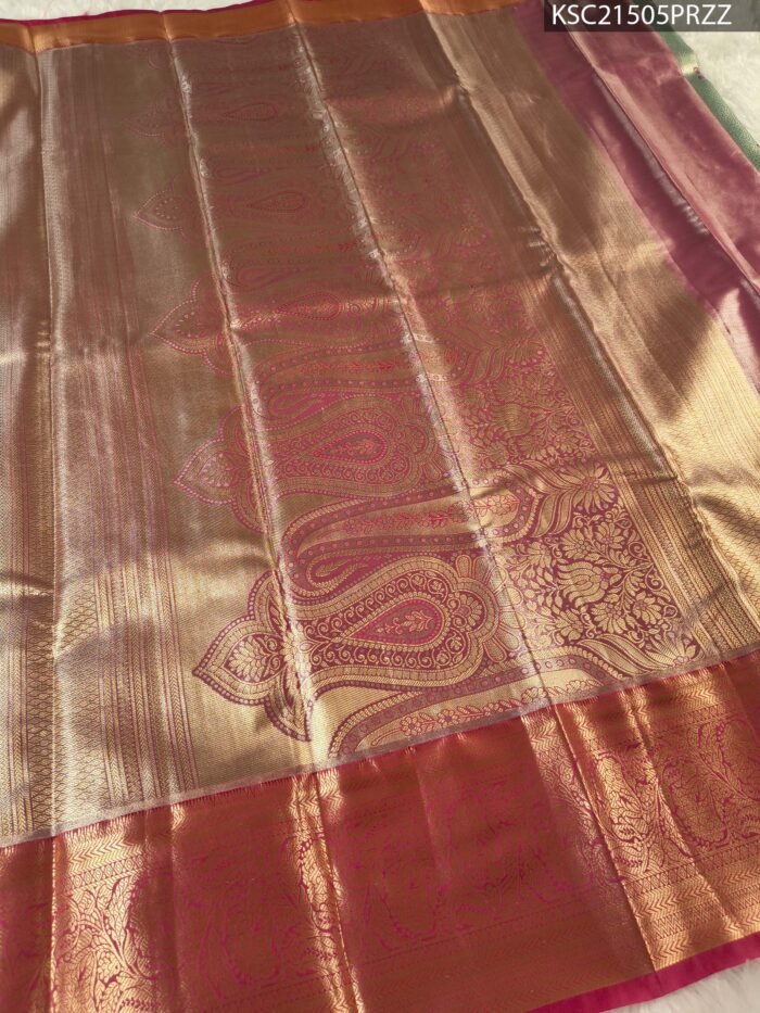 Pastel Green Tissue Saree with Floral Motifs and Rich Zari Woven Border - Image 3