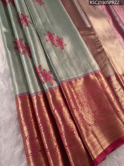 Pastel Green Tissue Saree with Floral Motifs and Rich Zari Woven Border