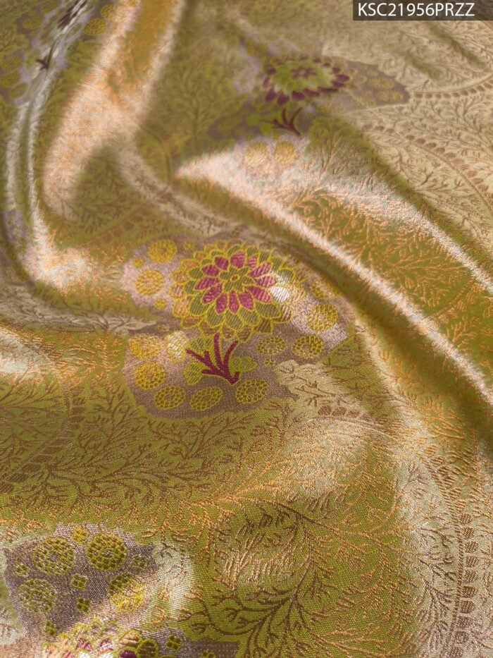 Olive Green Coloured Tissue Saree with Rich Zari Floral Motifs and Contrast Purple Border - Image 2