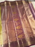 Olive Green Coloured Tissue Saree with Rich Zari Floral Motifs and Contrast Purple Border - Image 3