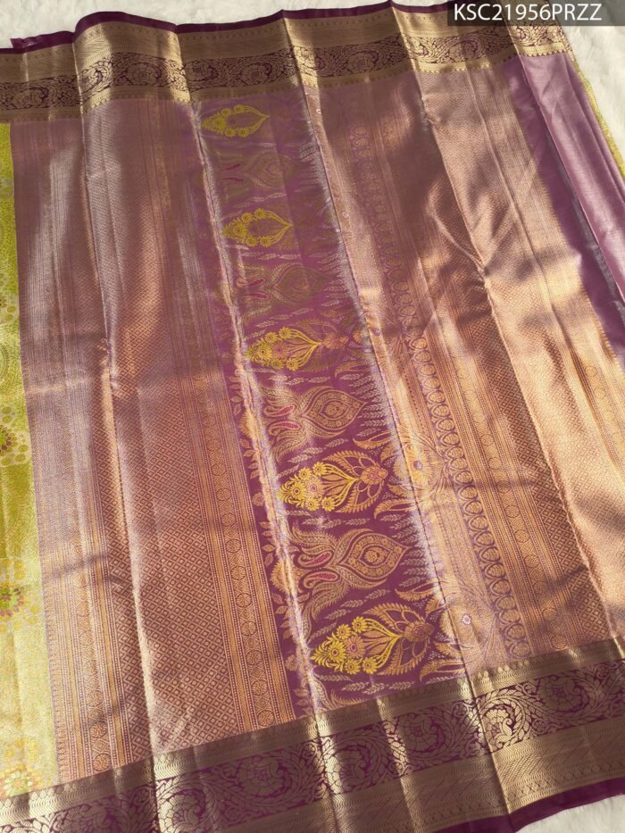 Olive Green Coloured Tissue Saree with Rich Zari Floral Motifs and Contrast Purple Border - Image 3