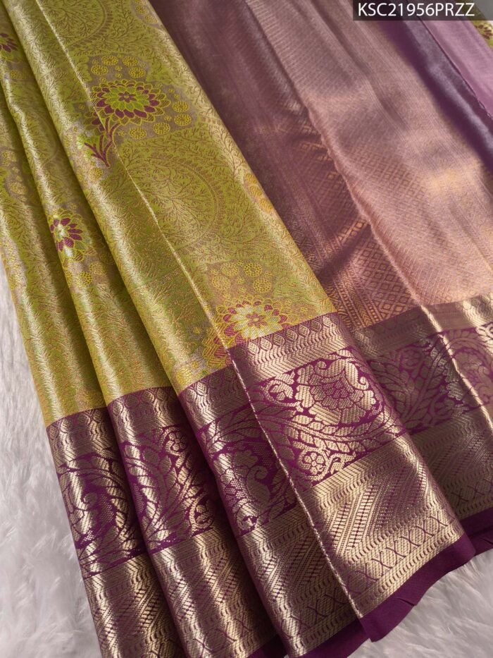 Olive Green Coloured Tissue Saree with Rich Zari Floral Motifs and Contrast Purple Border - Image 1