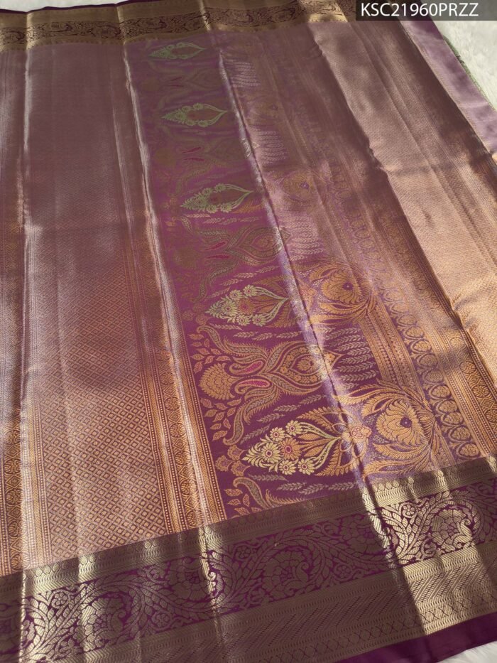 Green and Purple Tissue Saree with Rich Floral Motifs and Intricate Zari Border - Image 3