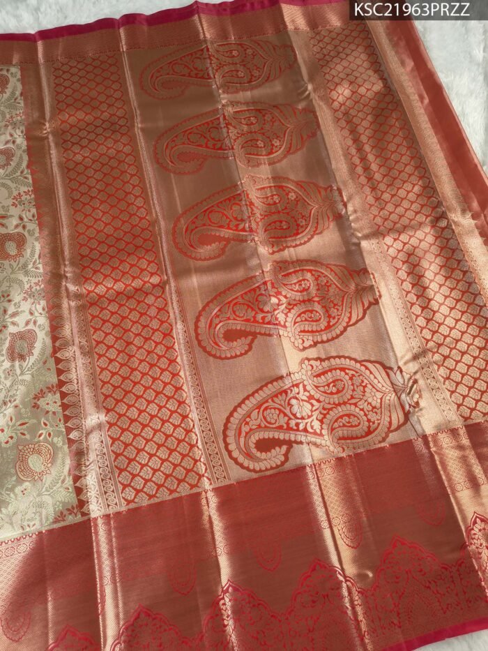 Beige and Rust Coloured Tissue Saree with Floral Brocade and Rich Zari Pallu - Image 3