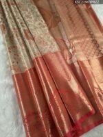 Beige and Rust Coloured Tissue Saree with Floral Brocade and Rich Zari Pallu