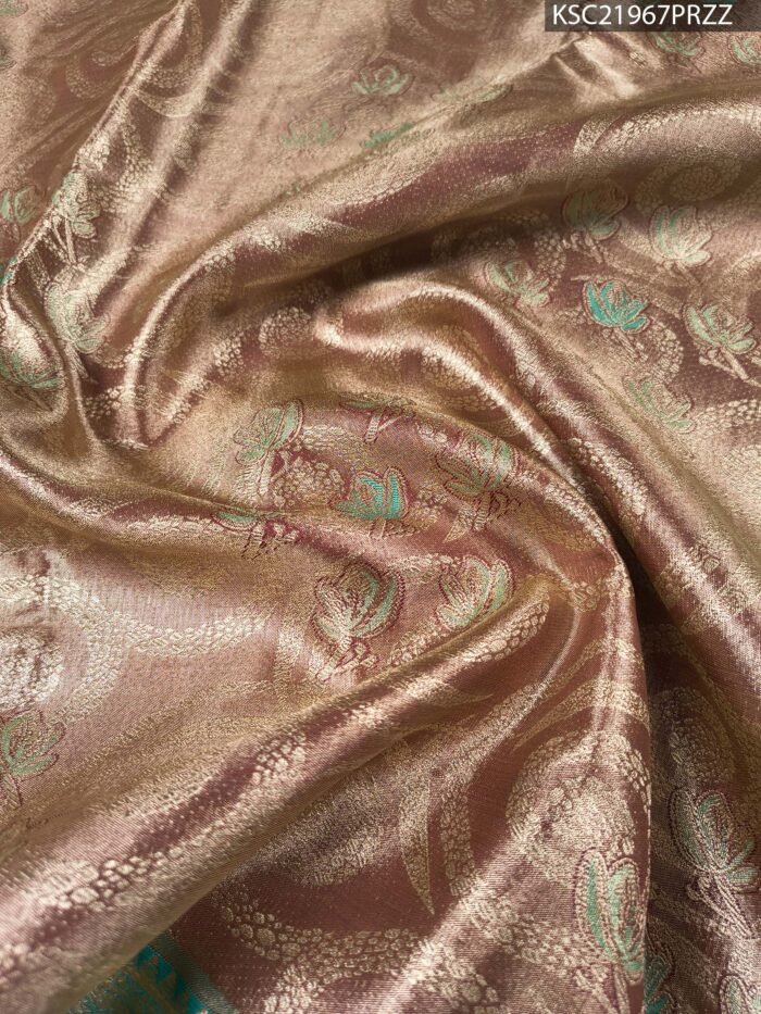 Green and Brown Tissue Saree with Paisley Motifs and Rich Zari Border - Image 2