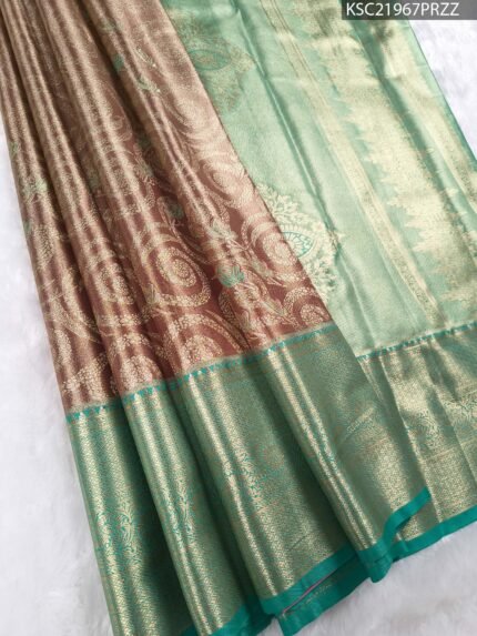 Green and Brown Tissue Saree with Paisley Motifs and Rich Zari Border