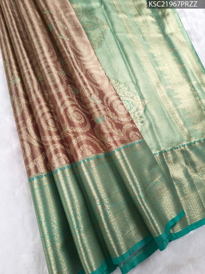 Green and Brown Tissue Saree with Paisley Motifs and Rich Zari Border - Image 1