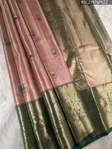 Pink Coloured Tissue Silk Saree with Peacock Motifs and Rich Zari Border
