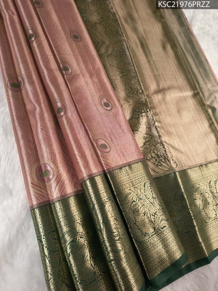 Pink Coloured Tissue Silk Saree with Peacock Motifs and Rich Zari Border - Image 1