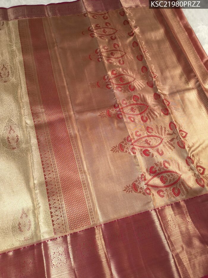 Beige Coloured Tissue Silk Saree with Rich Paisley Motifs and Zari Woven Border - Image 3