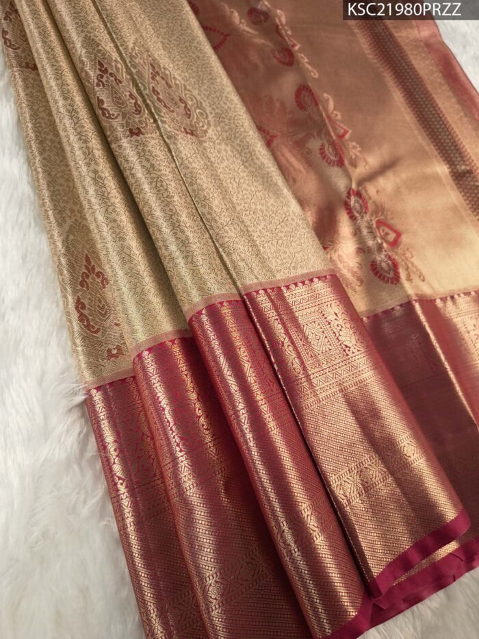 Beige Coloured Tissue Silk Saree with Rich Paisley Motifs and Zari Woven Border - Image 1