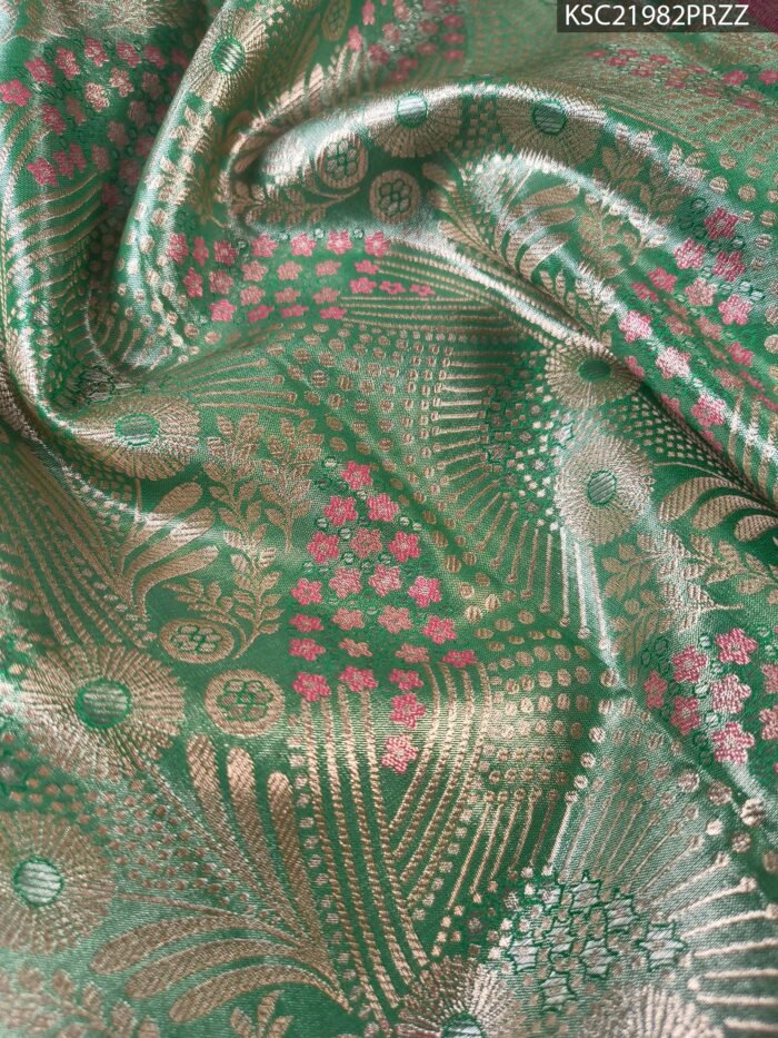 Green and Pink Tissue Saree with Floral Motifs and Rich Zari Border - Image 2