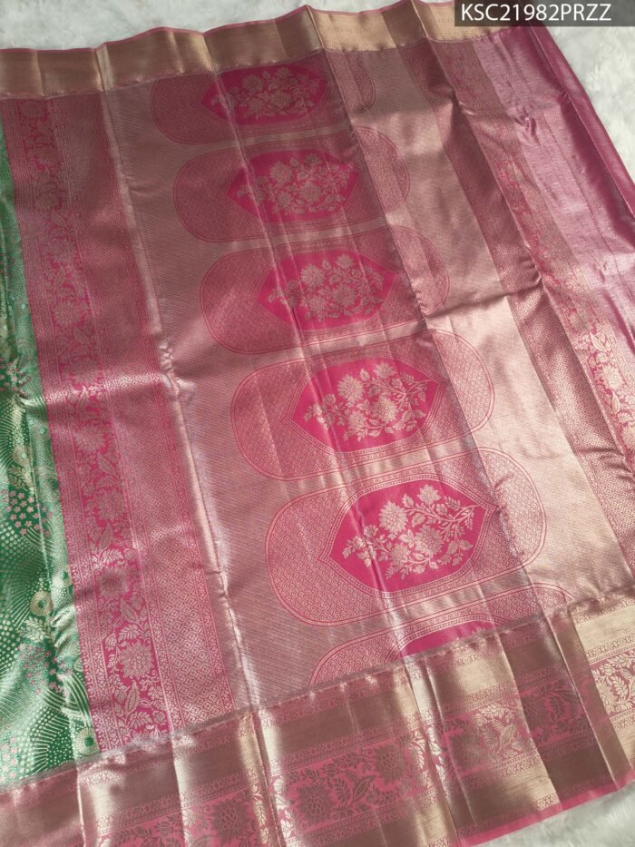 Green and Pink Tissue Saree with Floral Motifs and Rich Zari Border - Image 3
