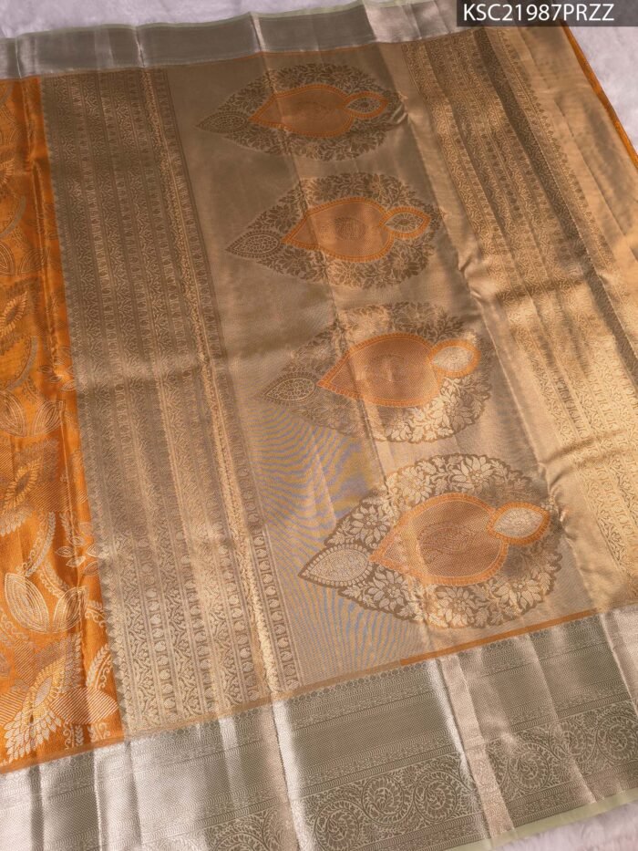 Orange Coloured Tissue Silk Saree with Paisley Motifs and Zari Woven Border - Image 3