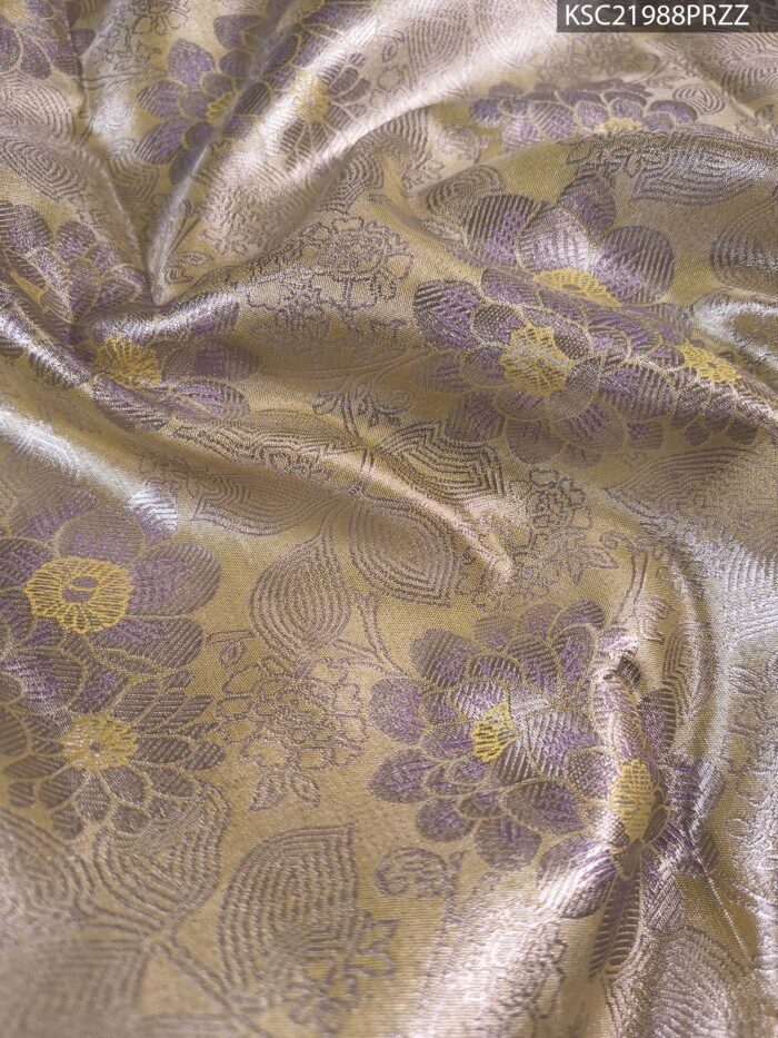 Lavender and Gold Tissue Saree with Floral Motifs and Zari Woven Border - Image 2