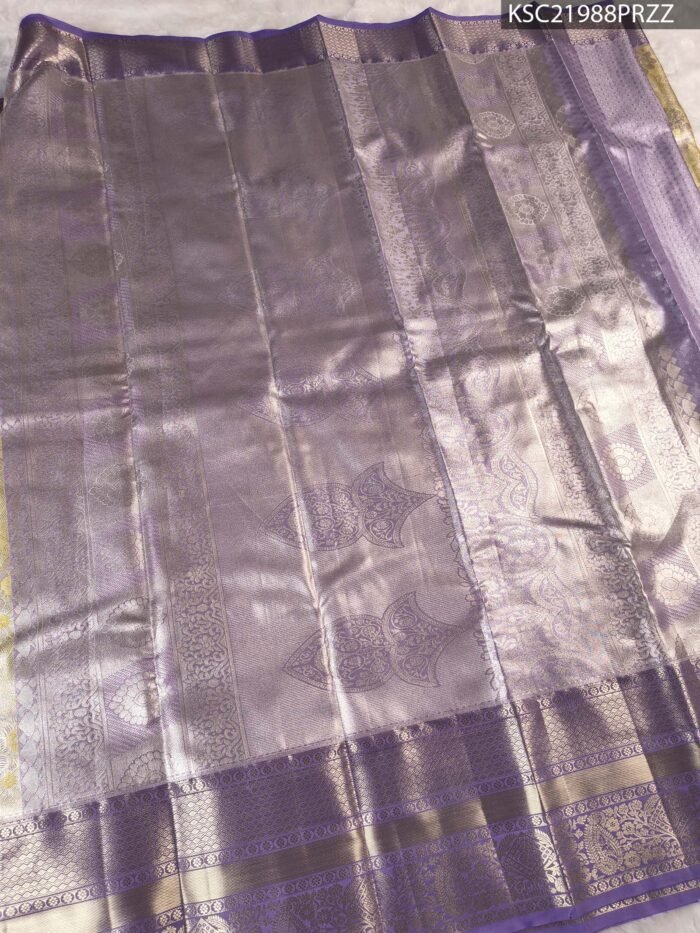 Lavender and Gold Tissue Saree with Floral Motifs and Zari Woven Border - Image 3