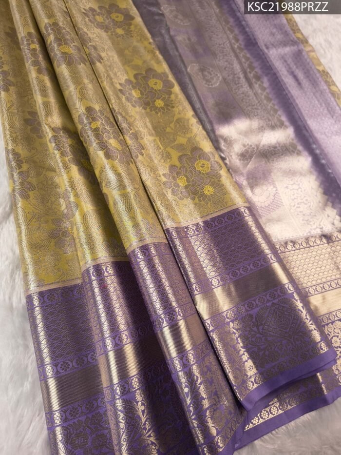 Lavender and Gold Tissue Saree with Floral Motifs and Zari Woven Border - Image 1