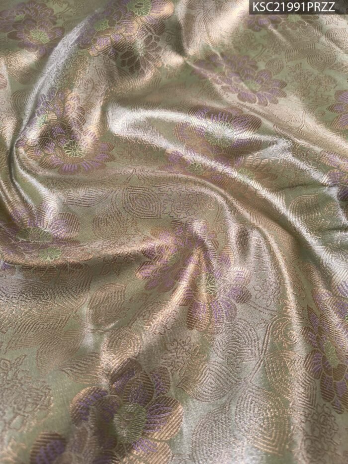 Green and Lavender Tissue Saree with Floral Motifs and Rich Zari Border - Image 2